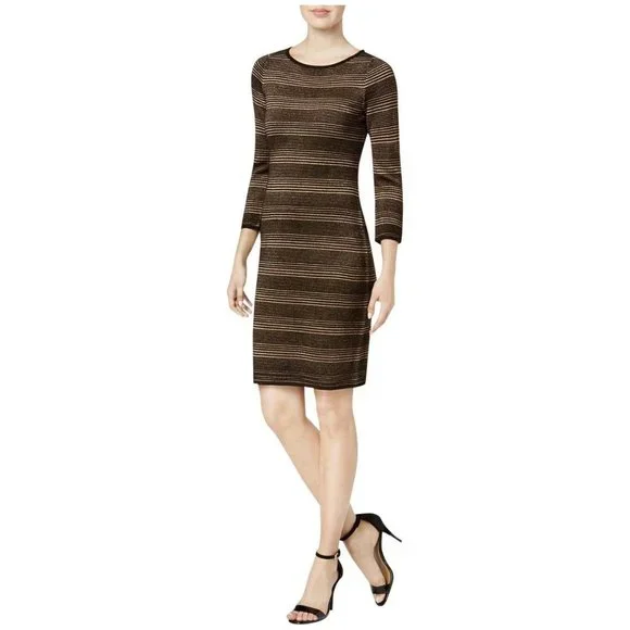 CALVIN KLEIN Womens Black Striped Metallic Sweater Sheath Dress CALVIN KLEIN Womens Black Striped Metallic Sweater Sheath Dress
